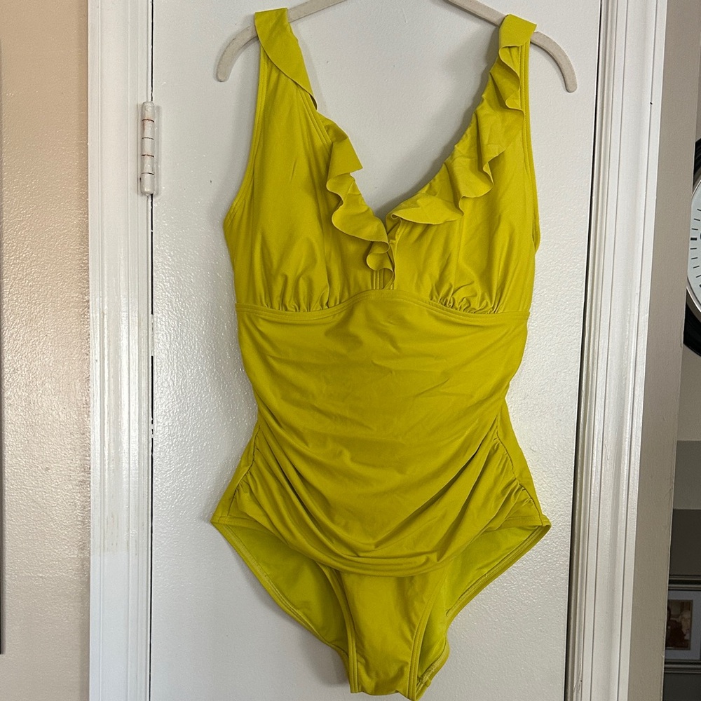 DKNY Yellow Ruffle One Piece Swimsuit